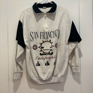 Vintage San Francisco California Quarter Zip Sweatshirt‎ Grey Sailboat USA Made